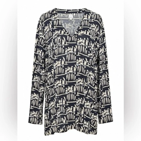 Tory Burch Silk V-Neck Blouse | Abstract Print | Navy & Ivory | XL - Picture 2 of 6